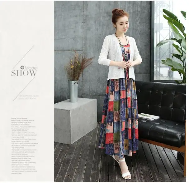 2019 summer new puls size women's dress literary cotton two-piece vest loose thin suit High waist tie printing M-4XL | Женская
