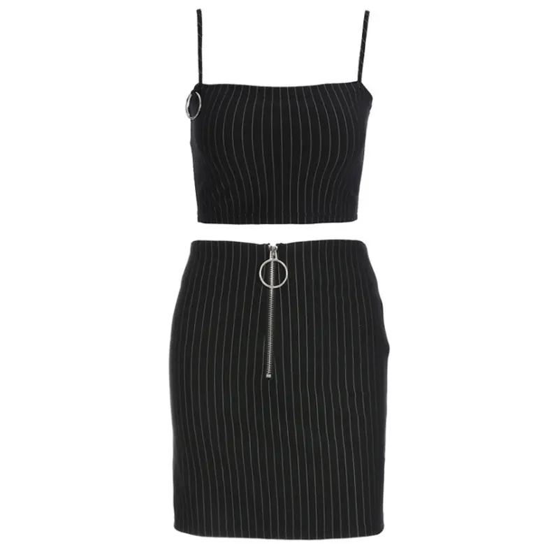 black suit Apperloth, комплект из топа и мини-юбки, весна-лето, комплект одежды в полоску на бретельках, тонкий сексуальный комплект из двух предметов для девочек - Цвет: black suit