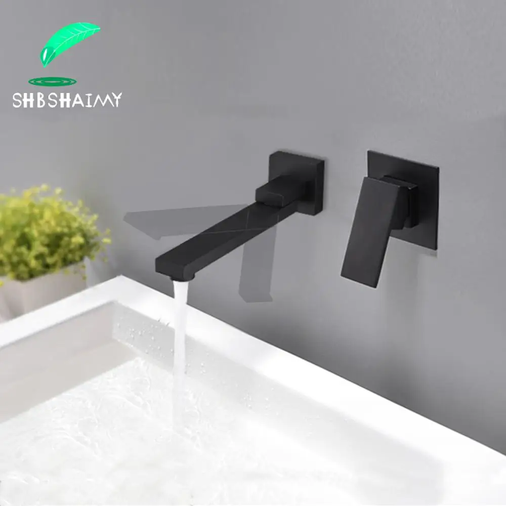 

SHBSHAIMY Matte Black Bathroom Basin Faucet Chrome Wall Mounted Single Handle 180 Degree Rotation Hot and Cold Water Mixer Tap