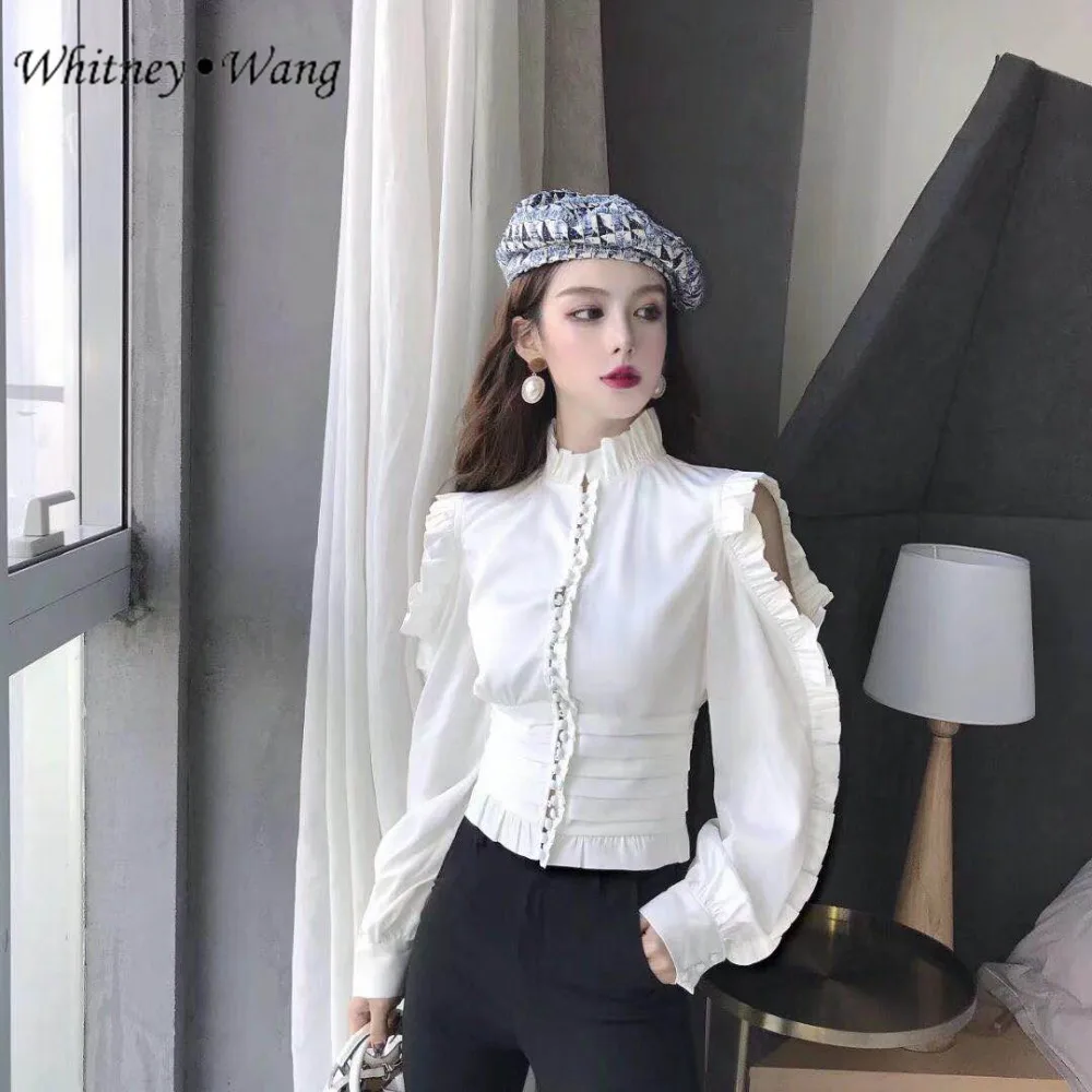 WHITNEY WANG 2018 Осенняя модная Уличная Сексуальная Открытая Блузка с оборками на
