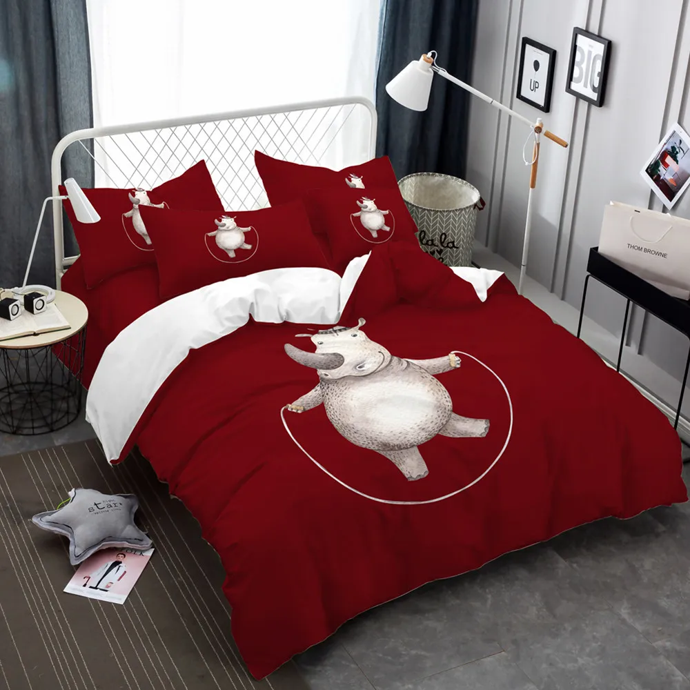 Cartoon Bedding Set Rhinoceros rope skipping Duvet Cover Animal Bedsheet Bed Covers Pillowcase Bedclothes Home Decor 3/4pcs | Дом и сад