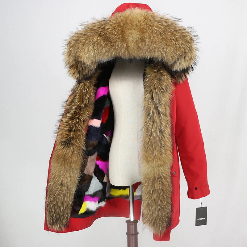 red multi natural OFTBUY, водонепроницаемая длинная парка, верхняя одежда, настоящая норковая шуба, зимняя куртка для женщин, воротник из натурального меха енота, роскошная теплая уличная одежда - Цвет: red multi natural