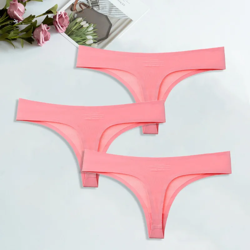 Watermelon red-3 pcs Шелк льда стринги для женский сексуальный бесшовный стринги трусики хлопок женское нижнее белье девушки бикини женские трусы нижнее белье 3 шт./компл - Цвет: Watermelon red-3 pcs