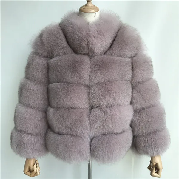 Dirty pink Женское пальто из натурального меха, толстая теплая Женская куртка из натурального Лисьего меха, верхняя одежда, модная зимняя шуба из натурального Лисьего меха со стоячим воротником для женщин - Цвет: Dirty pink