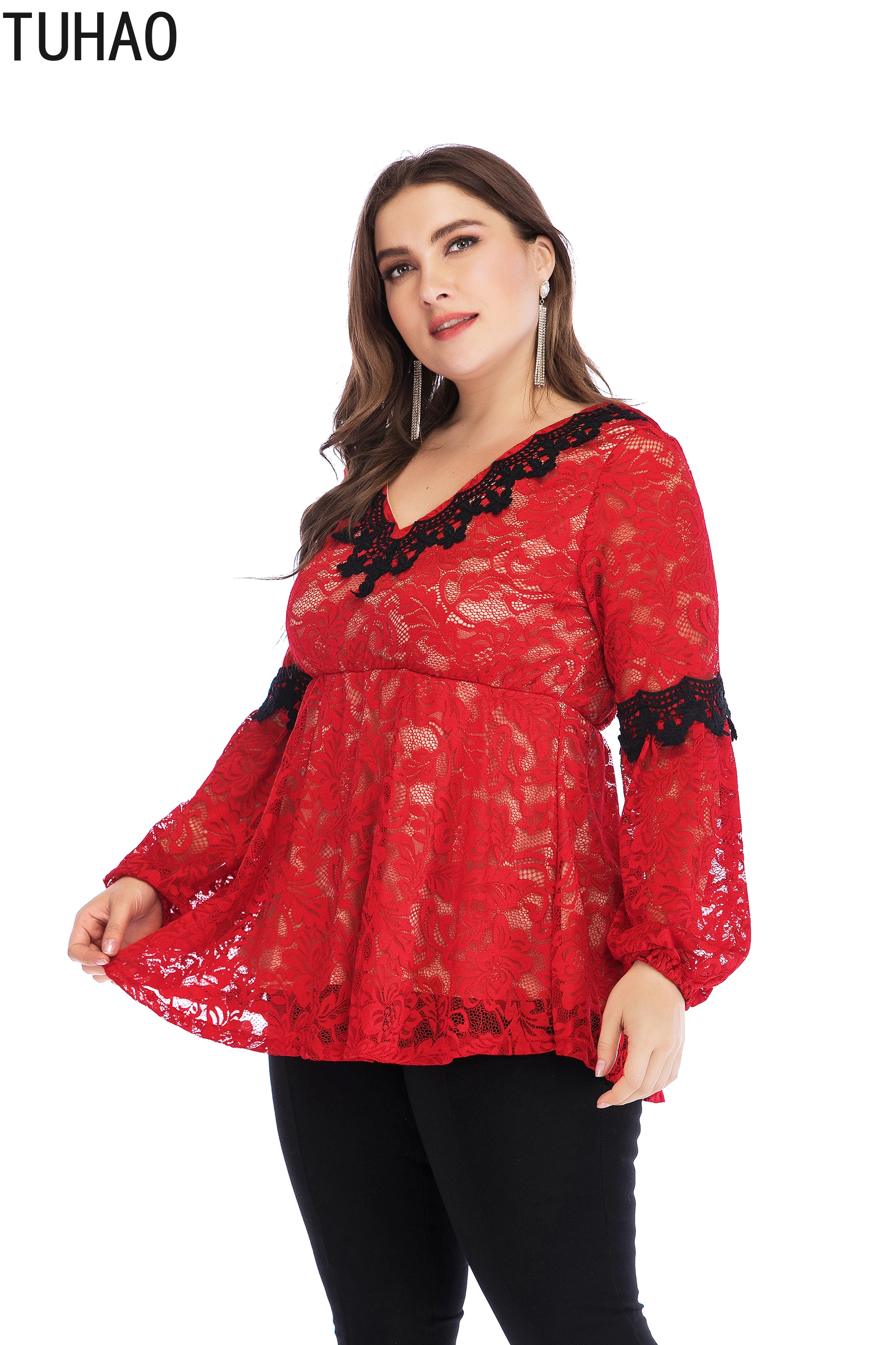 TUHAO Lantern Sleeve Red Lace Women Blouse Plus Size WOMENS Office Lady Elegant Female Large Sexy Party Shirts Tops | Женская одежда