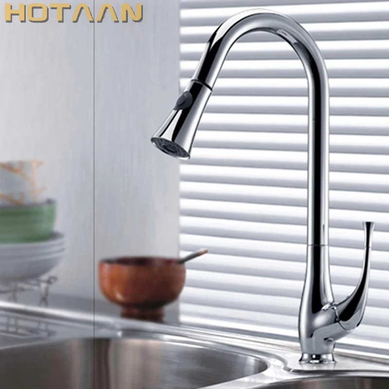 

Perfect Chrome Plated Solid Brass Kitchen Faucet Pull Out Spray Deck Mounted Sink Mixer Taps Single Handle Faucet YT-6017