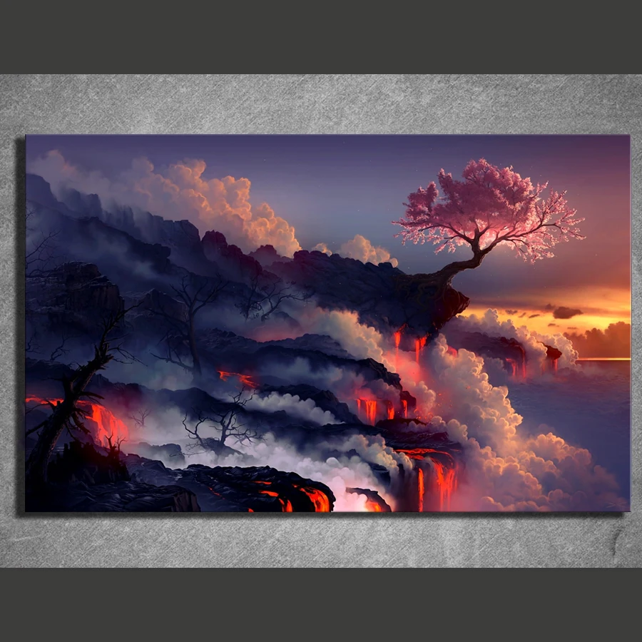 

Canvas Painting Prints Home Decor 1 Panel Scorched Earth Lava Landscape Cherry Blossom Sunset Wall Art Modular Pictures Poster