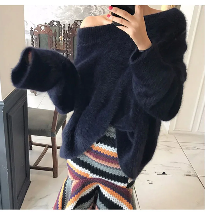 WHITNEY WANG 2018 Autumn Winter Fashion Streetwear Sexy Slash neck Mohair Sweater Women jumper pull femme Pullovers Sweaters | Женская