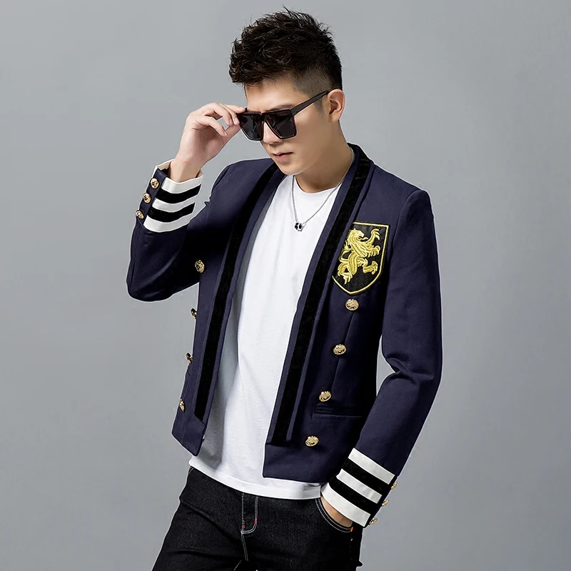 Новинка 2018 осенняя мужская куртка модная индивидуальная с вышивкой повседневный Тонкий маленький костюм