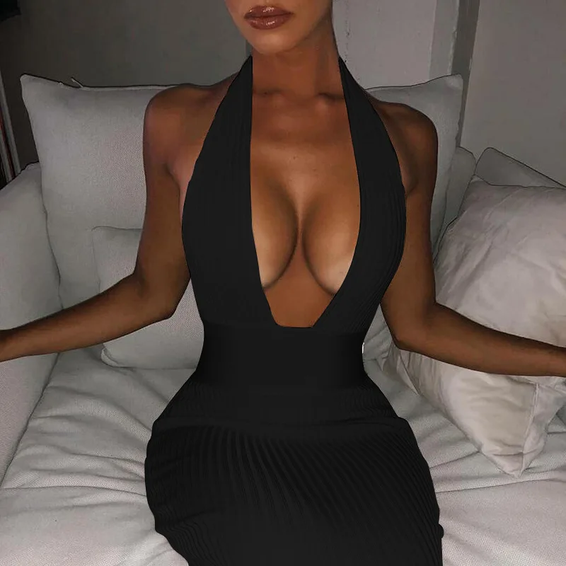 Женское облегающее платье карандаш с открытой спиной и глубоким V образным