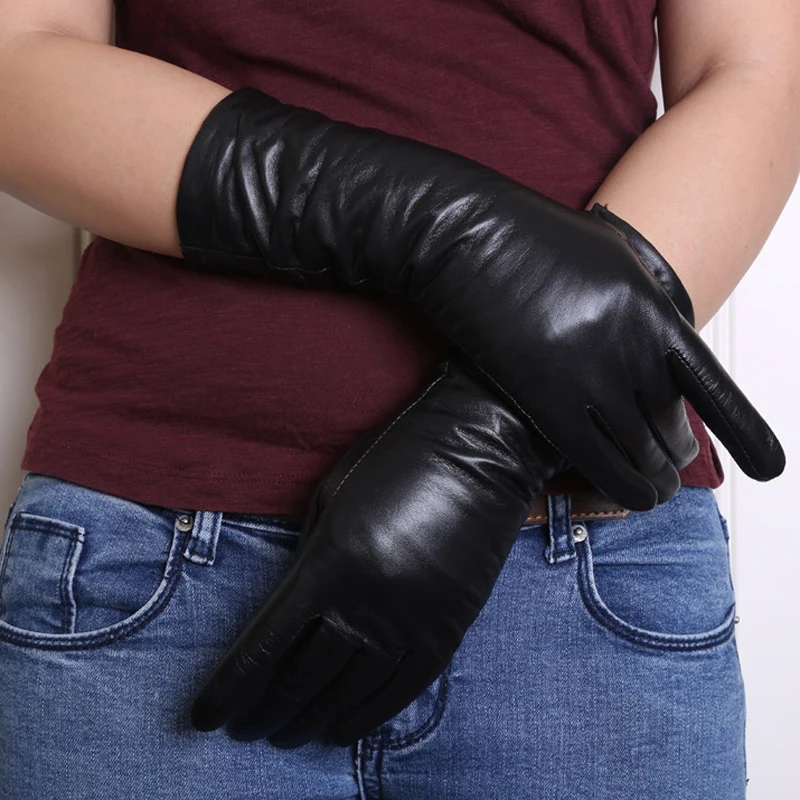 

women mid length real soft plain genuine leather gloves in black