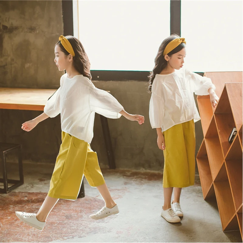 Cotton Wide leg pants sets 2 pieces girl summer clothes 2019 linen casual suits for teenage 10 12 14 year | Детская одежда и обувь