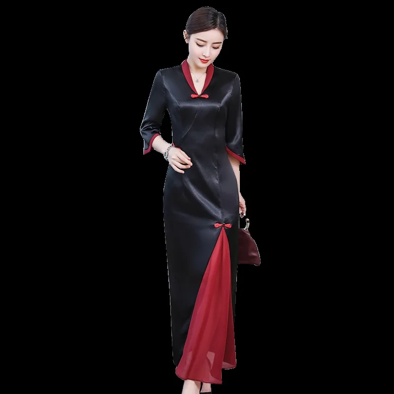 Традиционное китайское вечернее платье черные вечерние платья Cheongsam вьетнамское