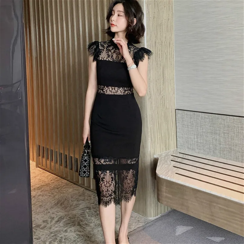 New Arrival Black Женское кружевное вечернее платье, элегантное праздничное деловое платье черного цвета, платье до середины икры с рукавом-бабочкой и О-образным вырезом, лето - Цвет: New Arrival Black
