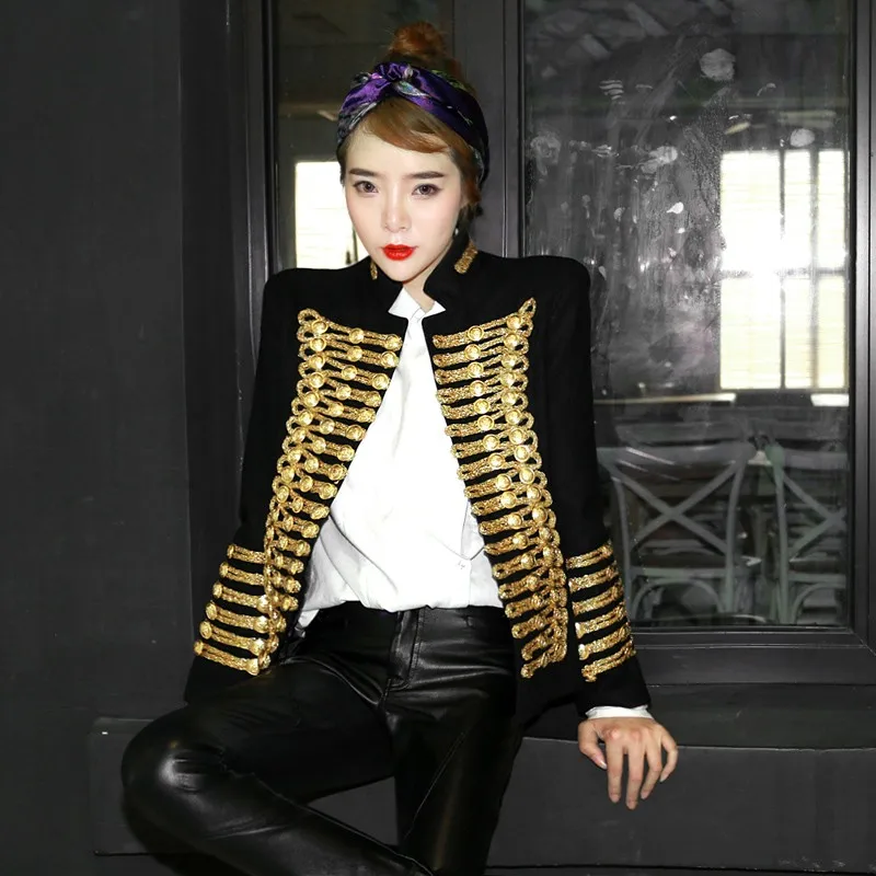 

Unique Runway Fashion Rock Punk Jacket Womens Gold Buttons Army Jacket Fashion Stage Show Roupas Feminina Double Breasted Coats