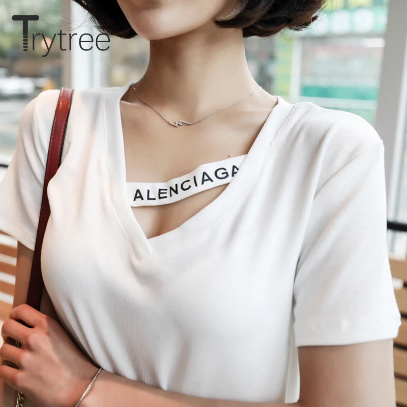 Летняя Повседневная Женская однотонная белая футболка Trytree с V образным вырезом