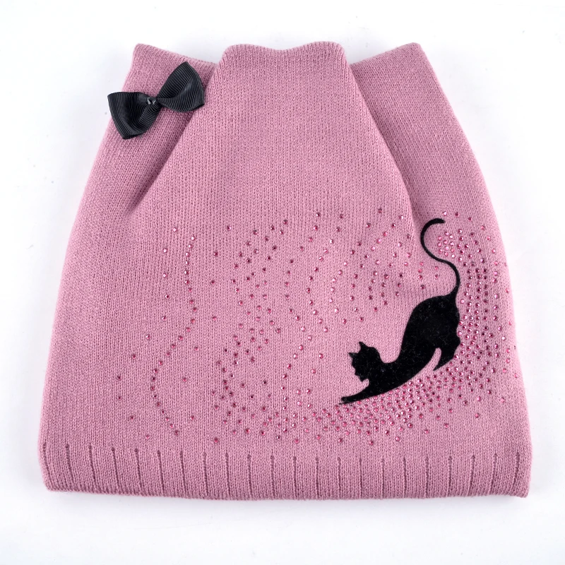 шапка женская зимняя с ушками для девочки черный кот алмазная лук двойная вязка