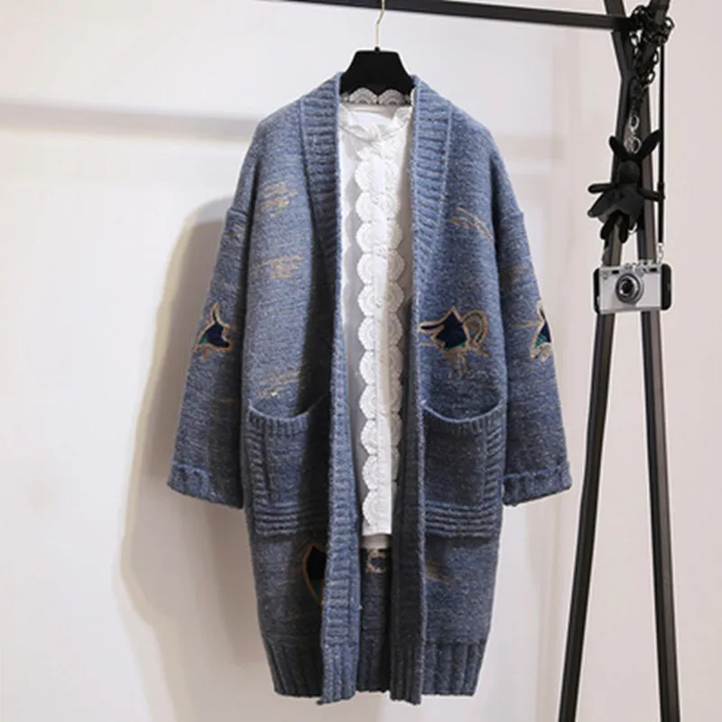 blue Новинка, женский кардиган, зимний, корейский стиль, вышивка, свободный, подходит ко всему, открытая стежка, плотный, длинный, Повседневный, женский кардиган SW859 - Цвет: blue