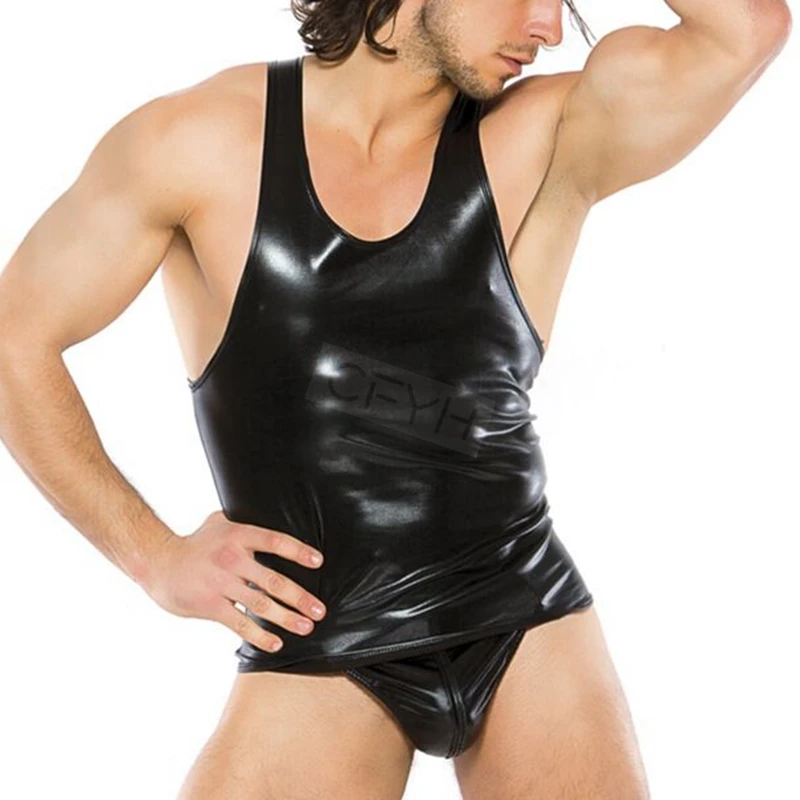 Новинка мужские майки из искусственной кожи с V образным вырезом сексуальные