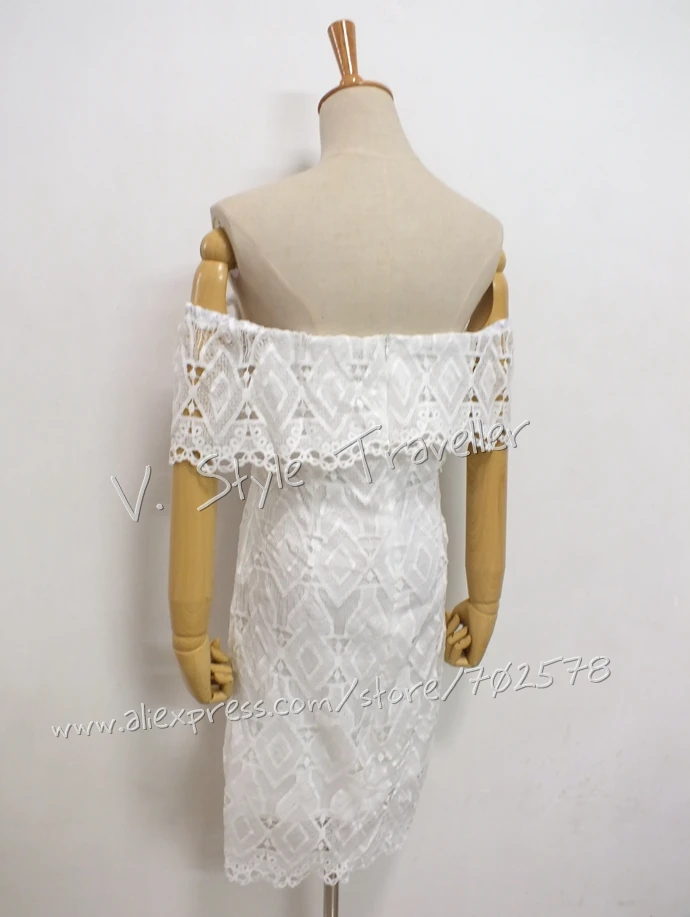 Сексуальное Белое Кружевное платье с открытыми плечами женское Повседневное