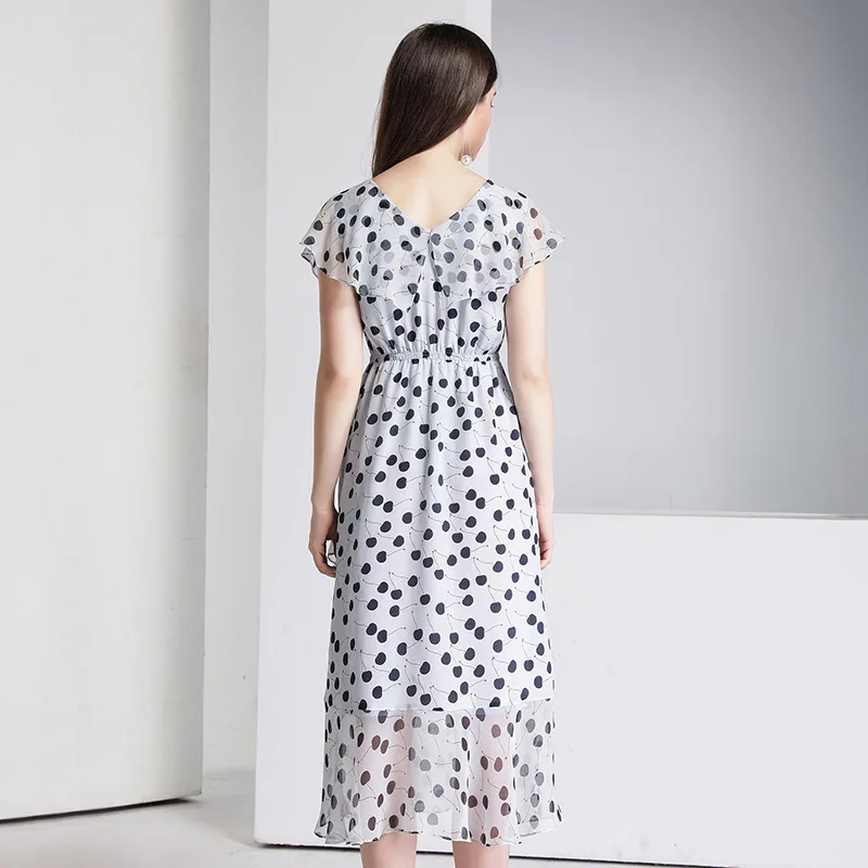 Шелковое платье в горошек с оборками туника длинные платья элегантные