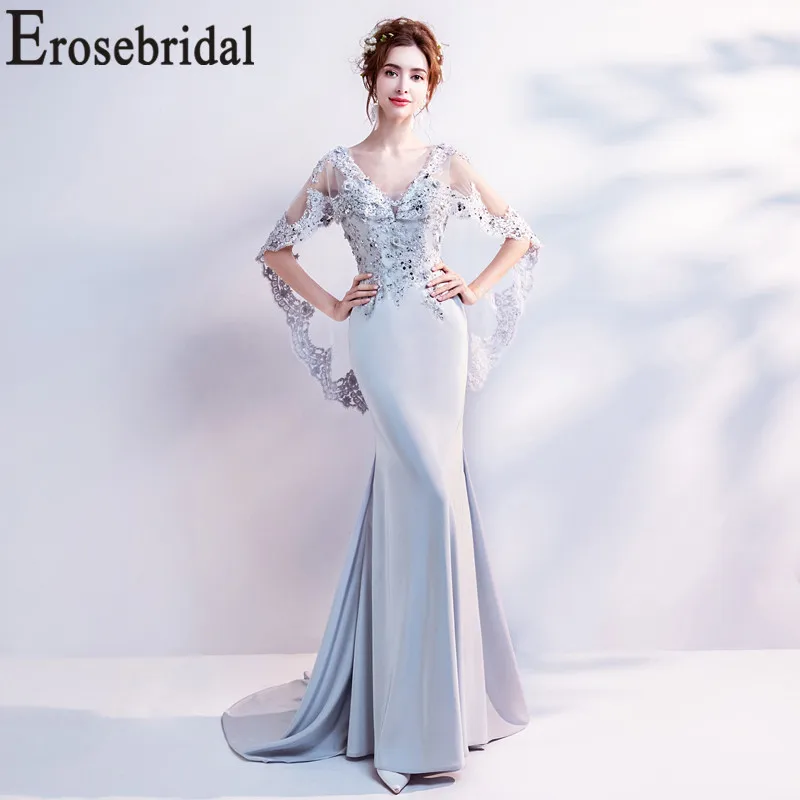 Erosebridal New Arrival 2019 Satin Evening Dress Mermaid Gown Backless Formal Party Women Gray robe de soiree | Свадьбы и торжества