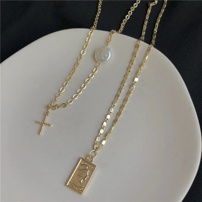 Aikasiya Fashion Double-layer Gold Necklace for Women Cross Portrait Pendant Natural Pearl Female Jewelry | Украшения и