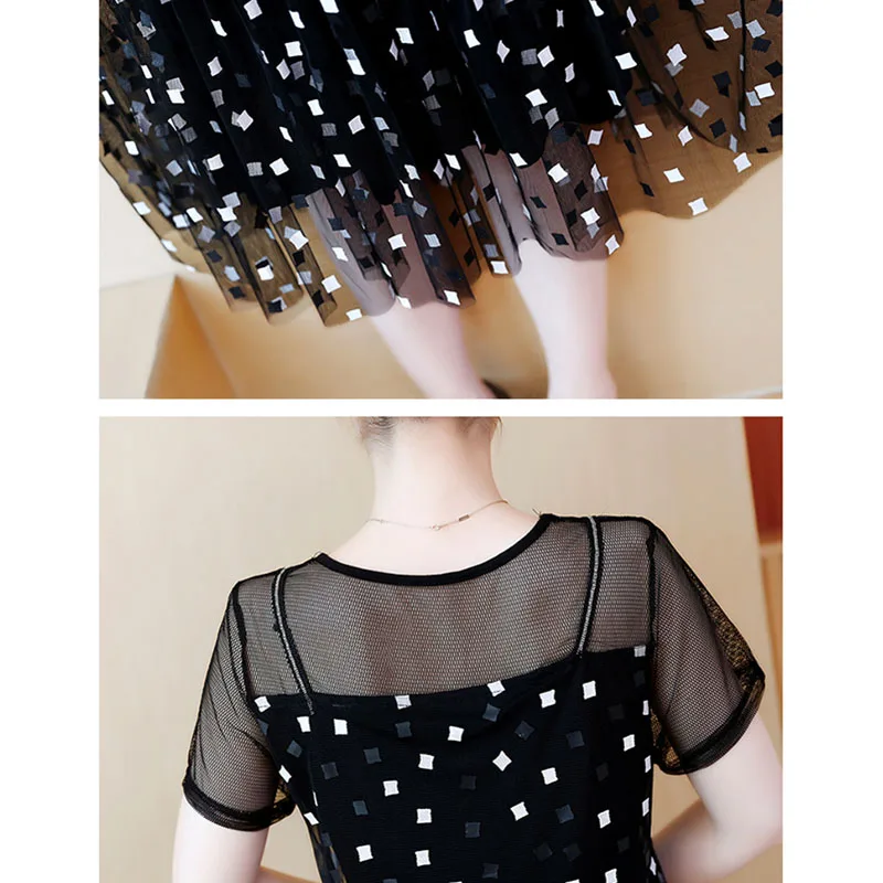 Summer printing women's clothing Sexy mesh stitching dresses Elegant slim plus size dress female 2019 | Женская одежда