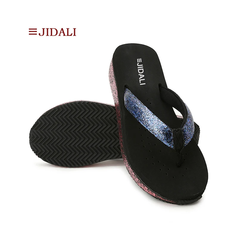 JIDALI/Модные женские шлепанцы на танкетке розовые и синие цвета уличные Шлепанцы