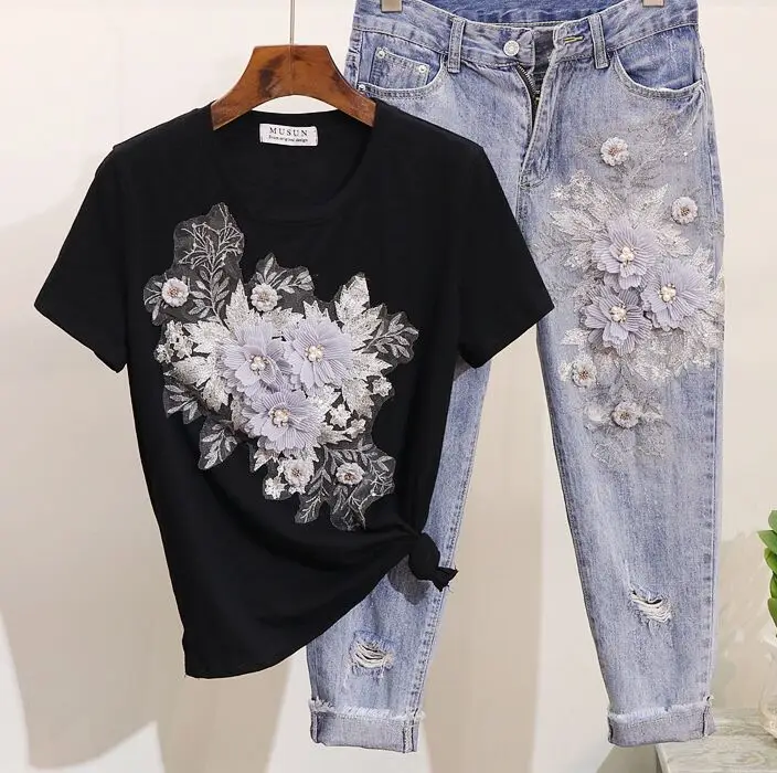 Black Set Amolapha, Женская хлопковая Футболка с блестками и объемным цветком+ джинсы до середины икры, комплекты одежды, Летний джинсовый костюм до середины икры - Цвет: Black Set