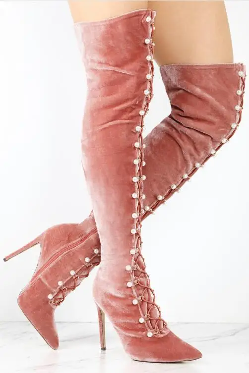 Goede Lente Hot Roze Fluwelen Vrouwen Lace Up Over De Knie Laarzen Elegante Parel Rom Dames Sexy Hoge Hak Laarzen Mode Stretch Laarzen