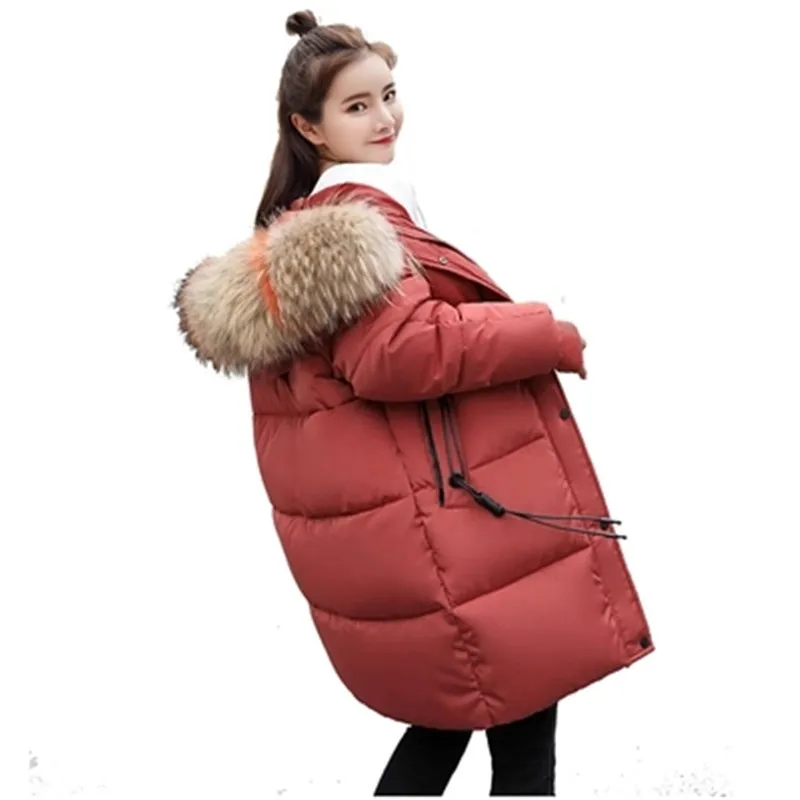 Женское длинное пальто с капюшоном свободное теплое пуховое большого размера