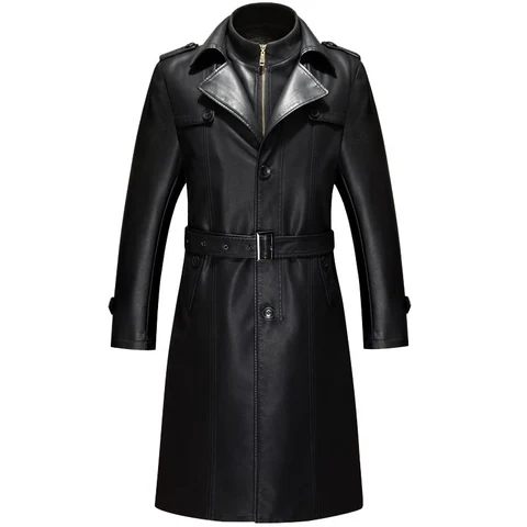 Зимний теплый мужской тренчкот, бархатная подкладка, овчина, кожаный костюм, пальто, длинная куртка, мужское длинное кожаное пальто, большие размеры 5XL