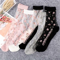 1 pair women flower sock summer lace crystal glass silk socks short thin transparent roses jacquard elastic ultrathin socks