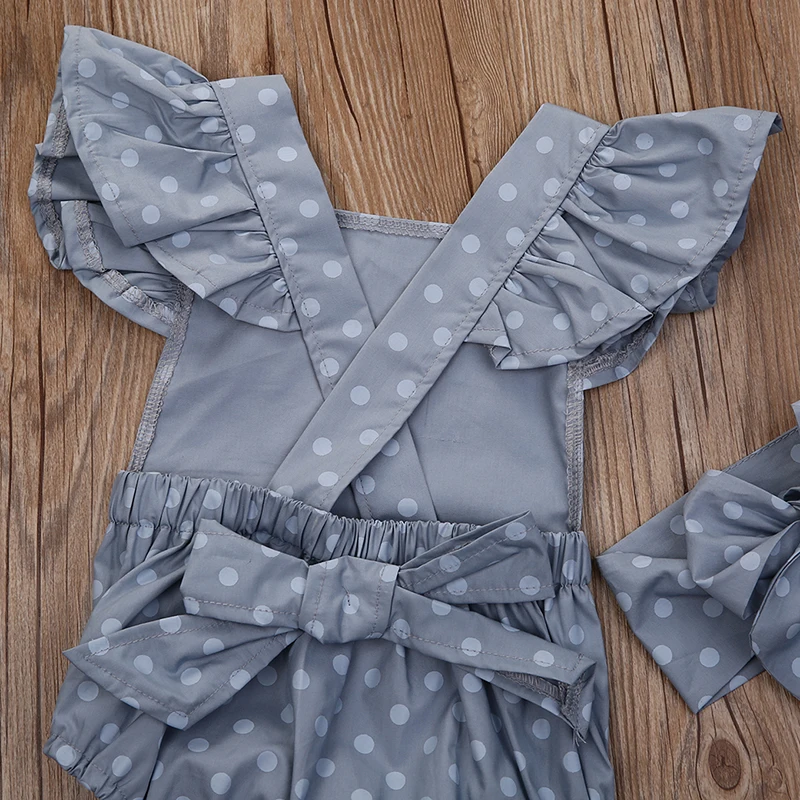 Детский комбинезон в горошек без рукавов с оборками и повязкой на голову|Ромперы|