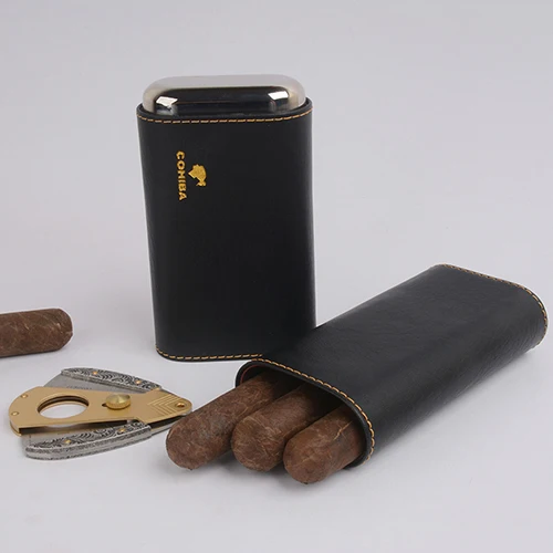 Golden logo COHIBA кожаный 3 пальца с внутренней отделкой из кедра портсигар чехол с серебряной прошитой деталью - Цвет: Golden logo