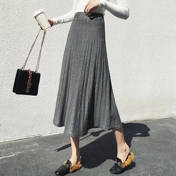 grey skirt Осенне-зимние женские юбки, элегантная винтажная длинная трикотажная юбка с высокой талией в рубчик, скрученные узоры, миди вязаные плиссированные юбки - Цвет: grey skirt