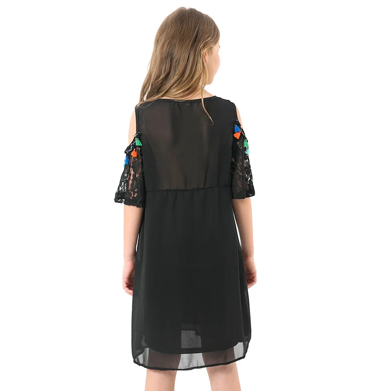 Black Cold Shoulder Butterfly Embroidery Princess Dress Girl Costume 2019 Summer Short Sleeve A Line Boho Tassel Lace Kids | Детская