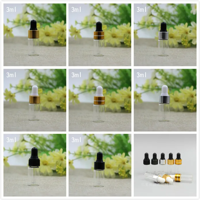 

3ML clear glass bottle gold/silver dropper lid white/black bulb for essential oil bottle sample test vial bottle dropper bottle