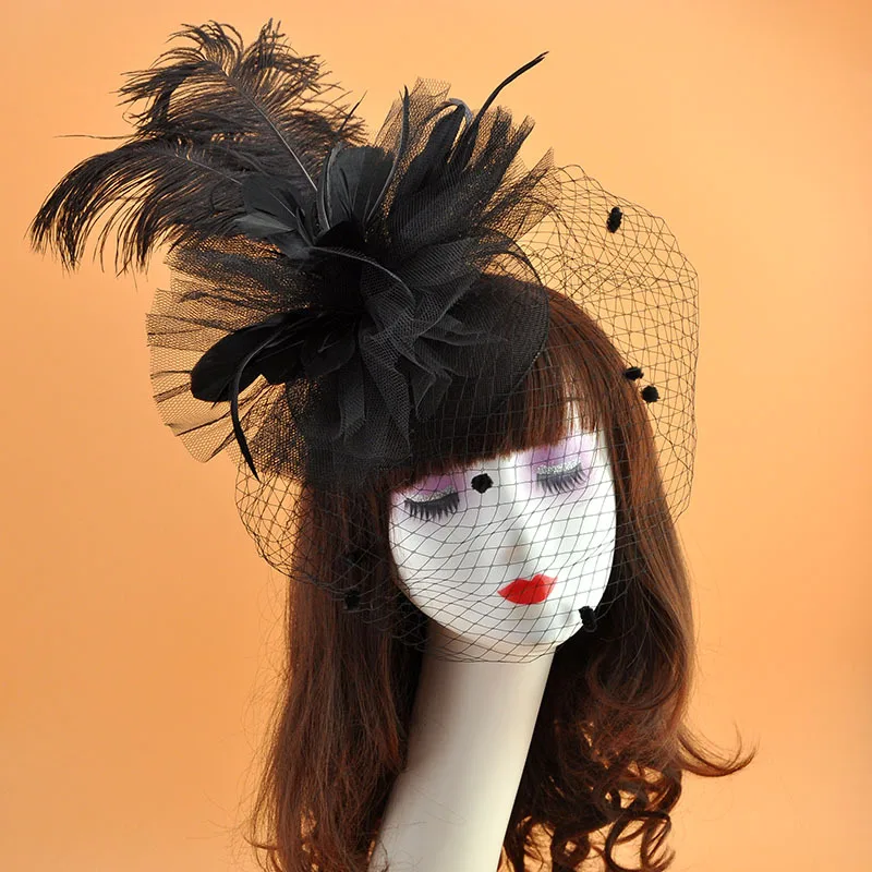 Wedding Party Hats Cover Face Veils Bridal Headwear Women's Cocktail And Fascinator Kentucky Derby Hat Long Feather | Свадьбы и