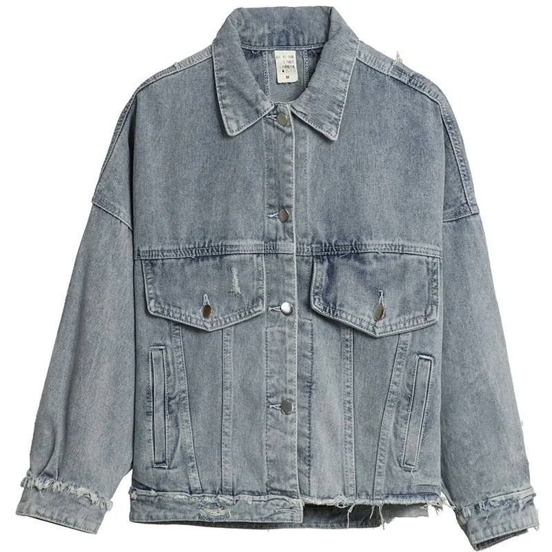 Однотонная джинсовая куртка с дырками для женщин Свободные повседневные