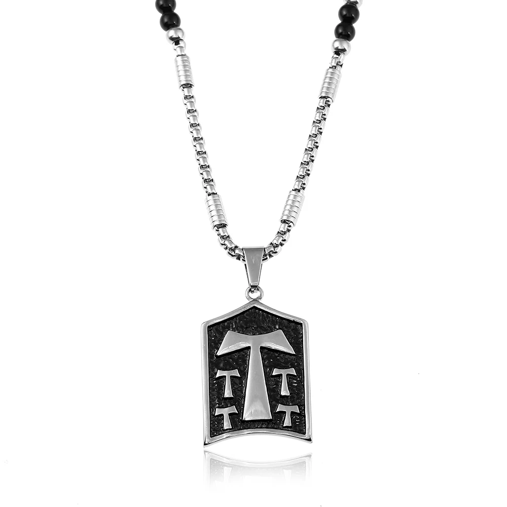 Men Stainless Steel Franciscan T Crucifix Pendant Necklaces with Black Natural Stone Chain Necklace 26&quot | Украшения и