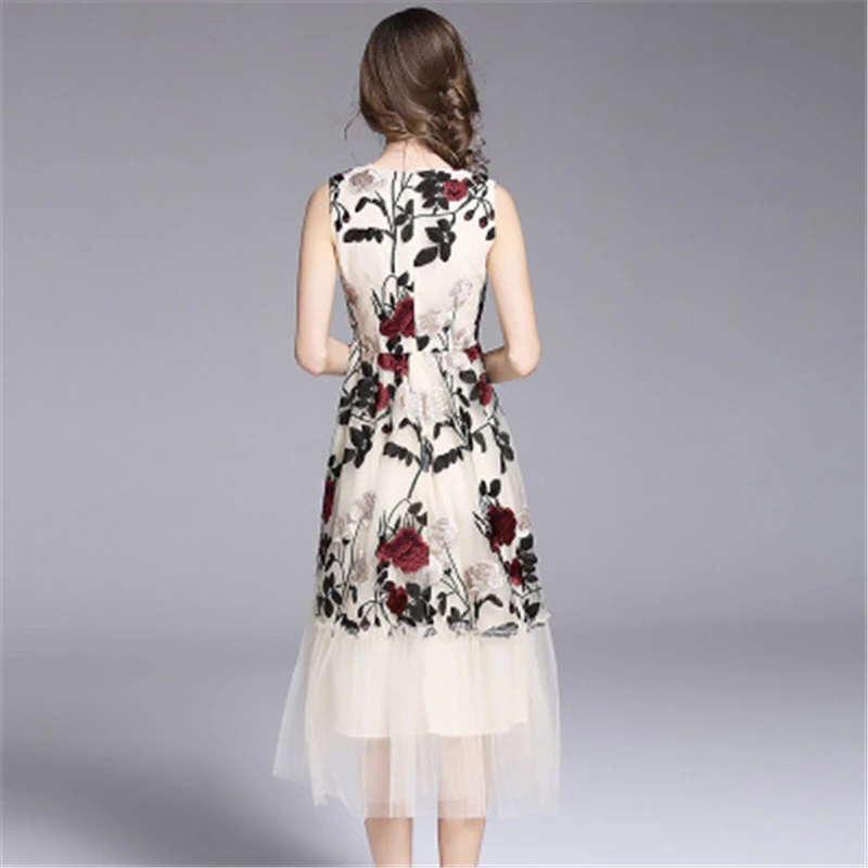 

2019 Dress Women's Elegant Sleeveless Dresses Pleated Chiffon Floral Print Maxi Long Dress O-Neck Spring Vintage Plus Size