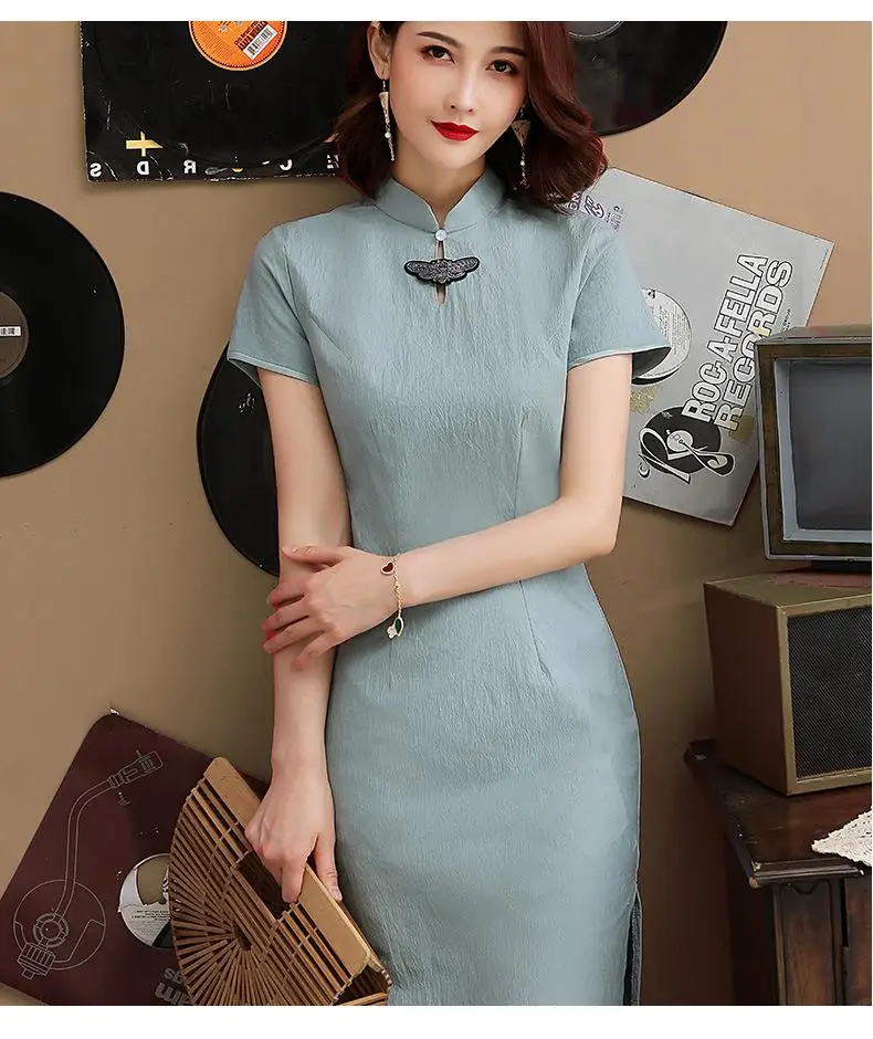 Короткий рукав классический хлопок лен Китайский Женский Cheongsam тонкий сексуальный Qipao Мандарин Воротник лето vestidos Повседневное платье для девочек - Цвет: Light green