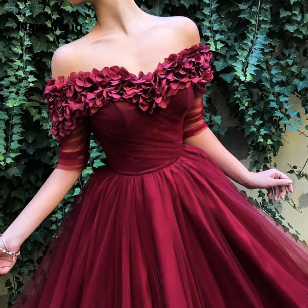 Burgundy Tulle 3D Applique Evening Dresses Sexy Off The Shoulder Side Split Sweep Train Long Prom Dress Formal Gowns | Свадьбы и