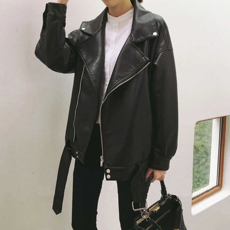 PERHAPS U Women PU Faux Leather Bomber Jacket Handsome Black Gray Long Sleeves Pocket Solid Zipper Thin Section C0079