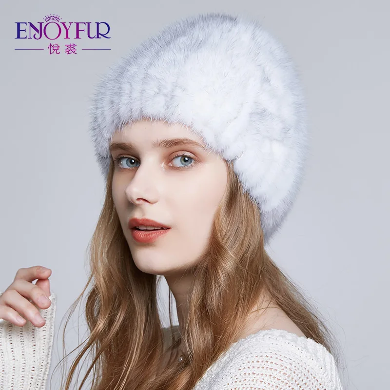 ENJOYFUR На зимнем меху Шапки для Для женщин реального норки вязаная теплая