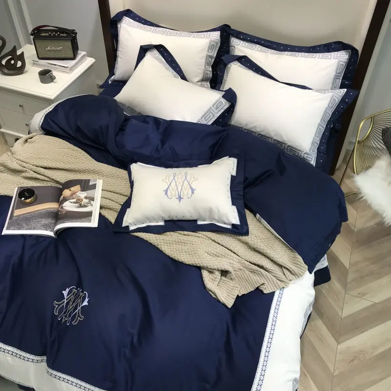 Home Bedding Sets Blue egyptian cotton Soft duvet Cover embroidery Bed Set pillowcase King size Queen 4pcs |