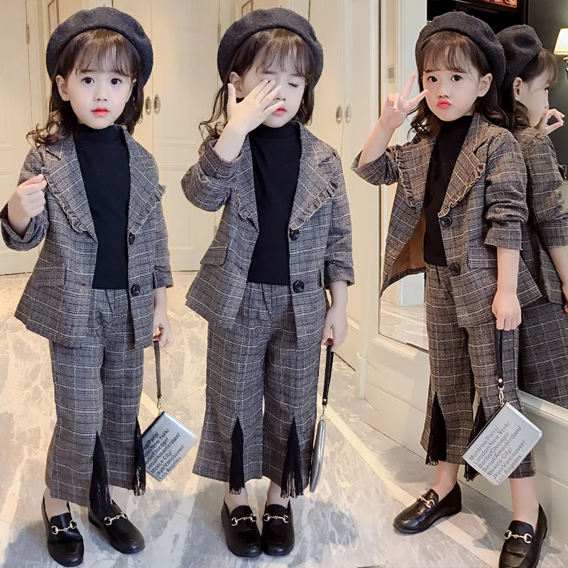Для девочек формальный костюм 2018 Весна осень клетчатая куртка + широкие штаны 2