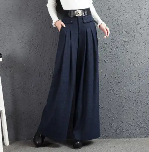 navy blue Шерстяные брюки женские осенние модные шерстяные брюки с высокой талией с поясом женские зимние толстые широкие брюки размера плюс S-3XL A3948 - Цвет: navy blue